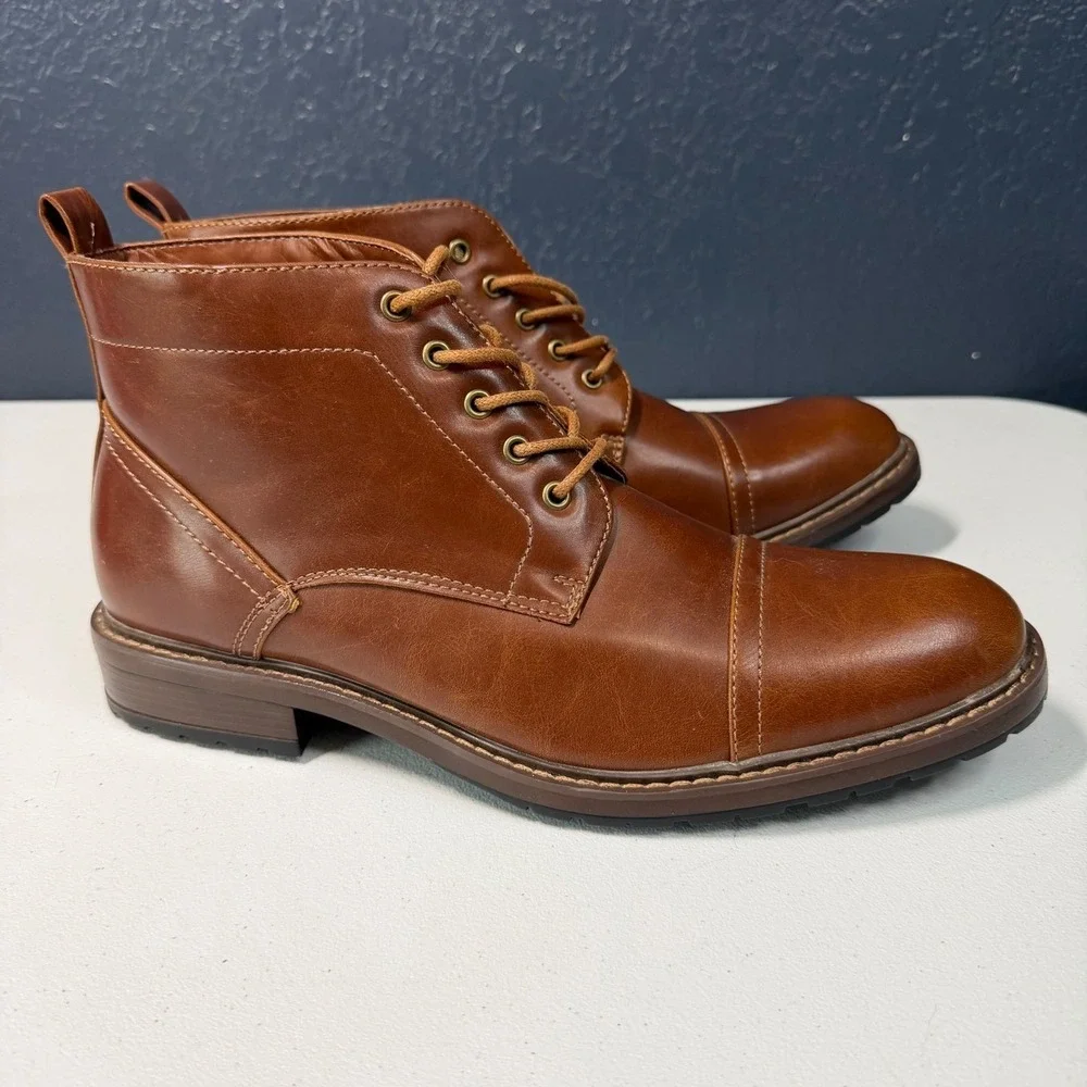 Perry Ellis Men Manning Cap Toe Boot Faux Leather Lace Up Cognac Brown Dressy